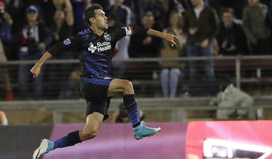 FILE - In this July 1, 2017, file photo, San Jose Earthquakes forward Chris Wondolowski leaps after scoring against the Los Angeles Galaxy during the second half of an MLS soccer match, in San Jose, Calif. Early in his 14th season in Major League Soccer, Chris Wondolowski no doubt knows the question is coming. About Landon Donovan. About the record. And about whether he’ll break it. (AP Photo/Marcio Jose Sanchez, File)