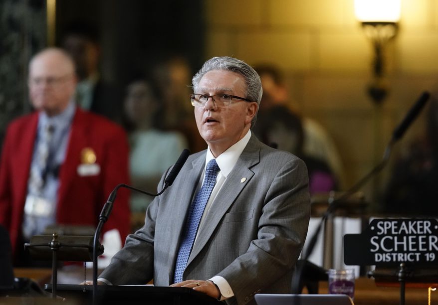 Nebraska Speaker of the Legislature Jim Scheer of Norfolk announces a delay in the budget debate at the Legislature in Lincoln, Neb., Wednesday, March 28, 2018. A dispute over abortion has led to a budget standoff in Nebraska that could disrupt other state services and force lawmakers into a rare special session later this year. Nebraska's state finances fell into limbo after lawmakers failed twice to advance a wide-ranging budget bill because of a dispute over health clinics that refer women to abortion providers. (AP Photo/Nati Harnik)