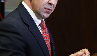 State Sen. Chris McDaniel, R-Ellisville, explains to reporters why he has decided to seek the U.S. Senate seat Thad Cochran will vacate April 1, instead of pursuing a race against incumbent Republican U.S. Sen. Roger Wicker, at the Capitol, Thursday, March 15, 2018, in Jackson, Miss. (AP Photo/Rogelio V. Solis)