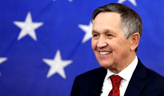 Former U.S. Rep. Dennis Kucinich smiles before speaking at a news conference announcing his run for Ohio governor, Wednesday, Jan. 17, 2018, in Middleburg Heights, Ohio. Kucinich said he would muster state resources to fight poverty and violence, boost arts and education and expand economic opportunity. (AP Photo/Tony Dejak)