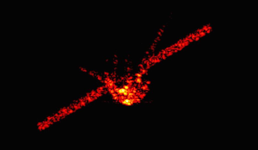 In this picture  picture released by Fraunhofer Institute FHR, the shape of China&#39;s falling space station Tiangong-1 can be seen in this radar image from the Fraunhofer Institute for High Frequency Physics and Radar Techniques near Bonn, Germany. In the next few days, the  unoccupied Chinese space station, Tiangong-1, is expected to reenter the atmosphere following the end of its operational life. Most of the craft should burn up. . (Fraunhofer Institute FHR via AP)