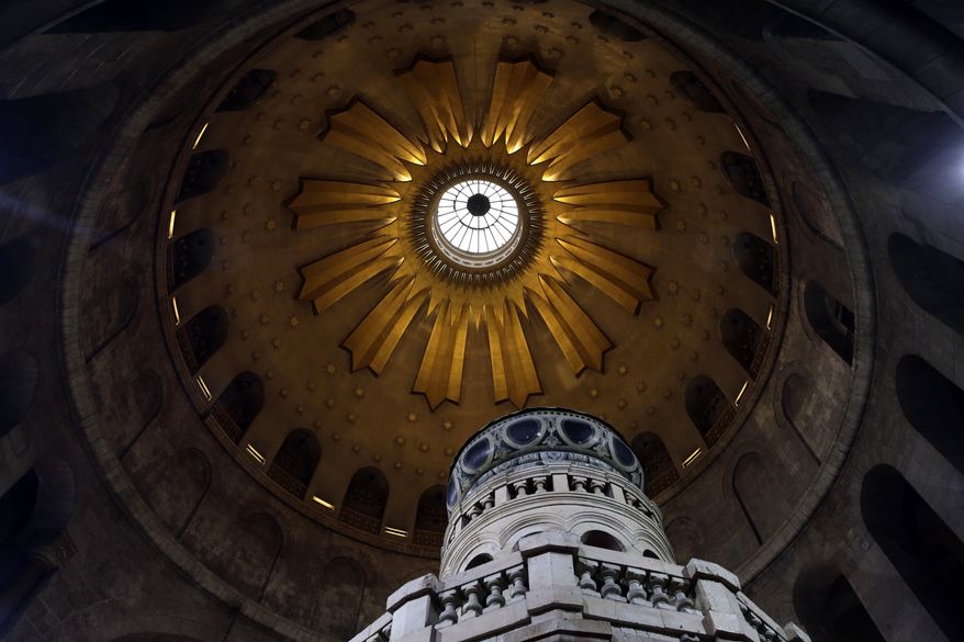 The Church of the Holy Sepulchre, traditionally believed by many Christians to be the site of the crucifixion and burial of Jesus Christ, in Jerusalem, Thursday, March 29, 2018. (AP Photo/Mahmoud Illean)