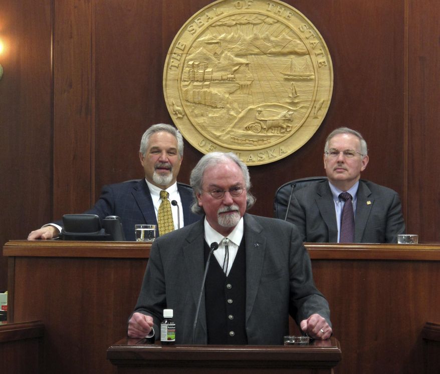 In a February 2018 photo, Alaska Supreme Court Chief Justice Craig Stowers, center, delivers his State of the Judiciary speech to Alaska lawmakers in Juneau, Alaska. The Alaska Supreme Court on Thursday, March 29, 2018, is scheduled to hear arguments in a legal case expected to have implications for this year's elections. The state wants the Alaska Supreme Court to reverse a lower court ruling that cleared the way for independents to run in Democratic party primaries. (AP Photo/Becky Bohrer)