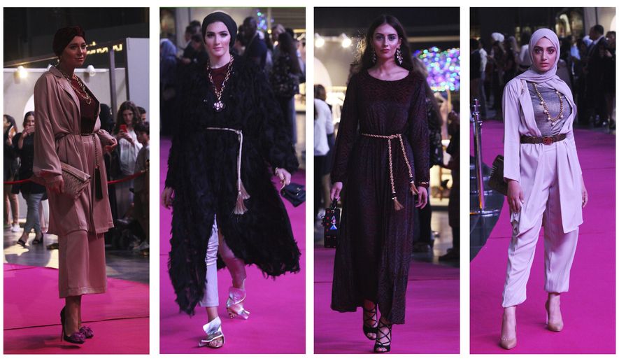 COMBO - In this combination of four photos taken on Wednesday, March 28, 2018, models present modest fashion outfits in Dubai, United Arab Emirates. The Islamic Fashion and Design Council is hosting a six-day fashion show for modest clothing, showing the growing market for the clothes. (AP Photo/Jon Gambrell)
