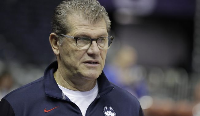 Connecticut head coach Geno Auriemma watches during a practice session for the women's NCAA Final Four college basketball tournament, Thursday, March 29, 2018, in Columbus, Ohio. UConn plays Notre Dame on Friday. (AP Photo/Darron Cummings)