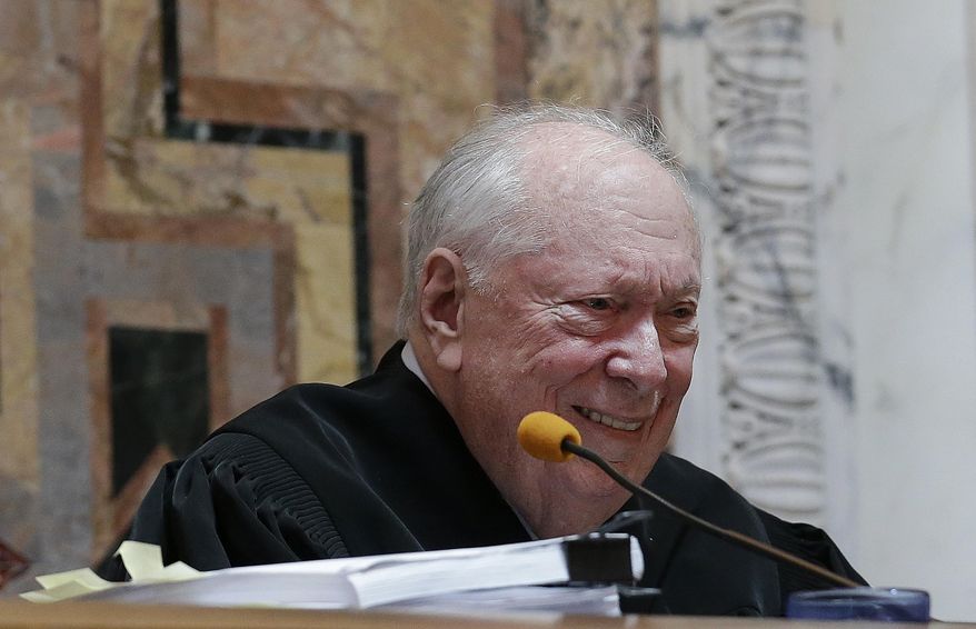 FILE - In this Sept. 8, 2014, file pool photo, Judge Stephen Reinhardt listens to arguments on gay marriage bans at the 9th U.S. Circuit Court of Appeals in San Francisco. Judge Reinhardt, a liberal stalwart on the U.S. 9th Circuit Court of Appeals, has died in Los Angeles. He was 87. Court spokesman David Madden says Reinhardt died Thursday, March 29, 2018, of a heart attack during a visit to a dermatologist. 9th Circuit Chief Judge Sidney Thomas called Reinhardt a deeply principled jurist who will be remembered as one of the giants of the federal bench. (AP Photo/Jeff Chiu, Pool, File)