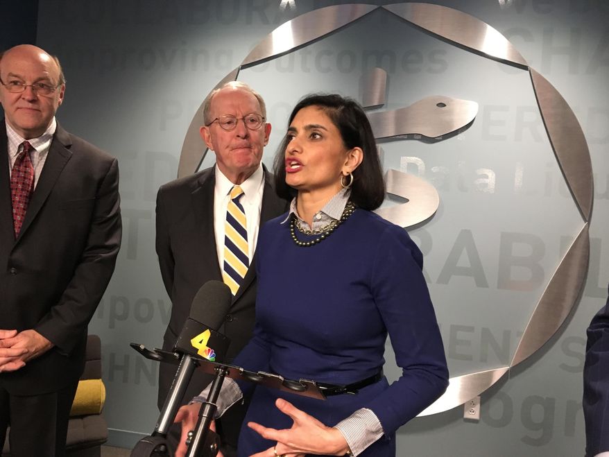 Centers for Medicare and Medicaid Services Administrator Seema Verma speaks to reporters Thursday, March 29, 2018, during a visit to the Center for Medical Interoperability in Nashville. (Associated Press) ** FILE **