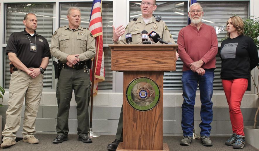 Sgt. Spencer Cannon, public information officer for Utah County Sheriff's office, answers questions at the end of the press conference at the Utah County Sheriff's office on Thursday, March 29, 2018, in Spanish Fork, Utah. (Evan Cobb/The Daily Herald via AP)