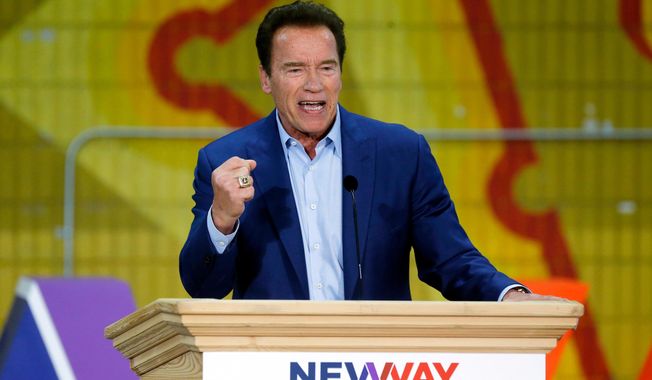 In this March 21, 2018, file photo, former California Gov. Arnold Schwarzenegger speaks at the first New Way California Summit in Los Angeles. (AP Photo/Damian Dovarganes, File)