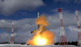 In this image from video provided by the Russian Defense Ministry Press Service, the Sarmat intercontinental ballistic missile blasts off during a test launch Friday from the Plesetsk launch pad in northwestern Russia, Friday, March 30, 2018. The Russian Defense Ministry said the launch was intended to test Sarmat&#39;s performance in the early stage of its flight. (Russian Defense Ministry Press Service via AP)