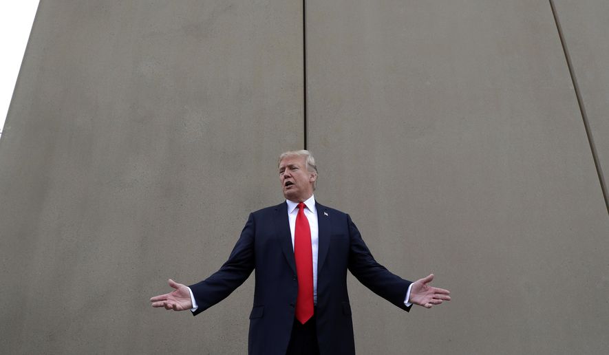In this March 13, 2018, file photo, President Donald Trump speaks during a tour as he reviews border wall prototypes in San Diego. Trump hails the start of his long-sought southern border wall, proudly tweeting photos of the “WALL!” Actually, no new work got underway. The photos show the continuation of an old project to replace two miles of existing barrier. (AP Photo/Evan Vucci) ** FILE **