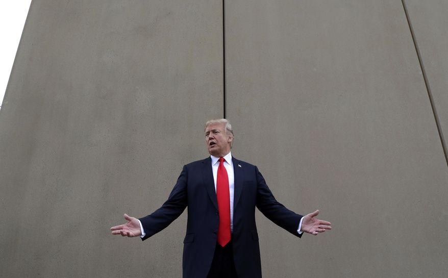 In this March 13, 2018, file photo, President Donald Trump speaks during a tour as he reviews border wall prototypes in San Diego. Trump hails the start of his long-sought southern border wall, proudly tweeting photos of the “WALL!” Actually, no new work got underway. The photos show the continuation of an old project to replace two miles of existing barrier. (AP Photo/Evan Vucci) ** FILE **