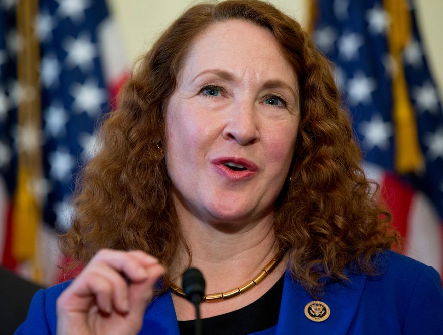 FILE - In this March 4, 2015, file photo, Rep. Elizabeth Esty, D-Conn. speaks on Capitol Hill in Washington. On Saturday, March 31, 2018, some Connecticut Democrats are calling for their embattled colleague to step down for not protecting female staffers who say they experienced violence, death threats and sexual harassment by her former chief of staff. (AP Photo/Carolyn Kaster, File)