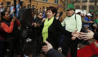 Notre Dame coach Muffet McGraw and her husband, Matt McGraw, arrive for the team&#39;s championship game against Mississippi State in the Final Four of the NCAA women&#39;s college basketball tournament, Sunday, April 1, 2018, in Columbus, Ohio. (AP Photo/Ron Schwane)