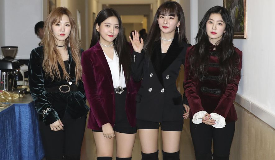 South Korean girl band Red Velvet is seen after their performance in Pyongyang, North Korea, Sunday, April 1, 2018. South Korean media say North Korean leader Kim Jong Un has watched a rare performance by South Korean pop stars visiting Pyongyang. (Korea Pool via AP)
