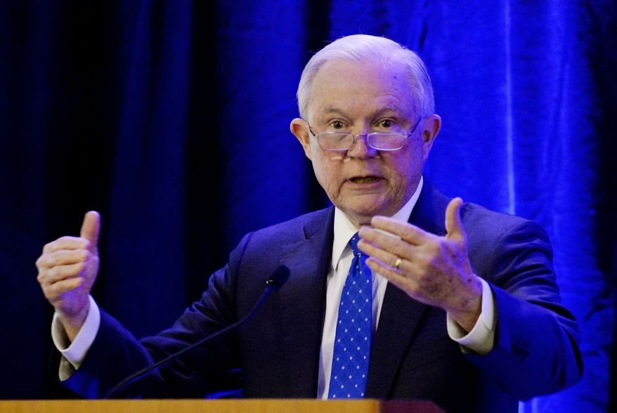 Attorney General Jeff Sessions speaks at the International Association of Chiefs of Police division midyear conference Thursday, March 15, 2018, in Nashville, Tenn. (AP Photo/Mark Zaleski)