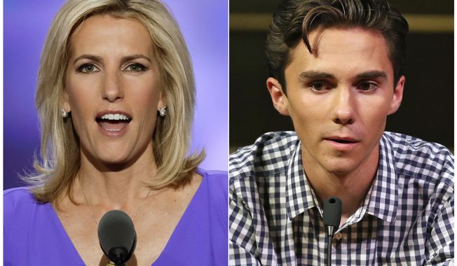 In this combination photo, Fox News personality Laura Ingraham speaks at the Republican National Convention in Cleveland on July 20, 2016, left, and David Hogg, a student survivor from Marjory Stoneman Douglas High School in Parkland, Fla., speaks at a rally for common sense gun legislation in Livingston, N.J. on  Feb. 25, 2018. Some big name advertisers are dropping Ingraham after she publicly criticized Hogg, a student at Marjory Stoneman Douglas school on social media. The online home goods store Wayfair, travel website TripAdvisor and Rachel Rays dog food Nutrish all said they are removing their support from Ingraham.  (AP Photo/J. Scott Applewhite, left, and Rich Schultz)