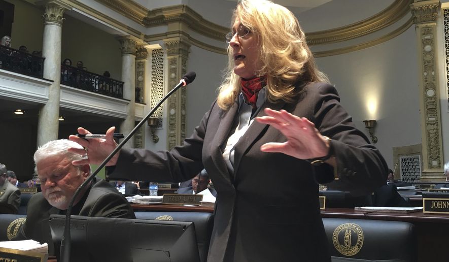 Democratic state Sen. Robin Webb speaks against a Republican tax proposal on Monday, April 2, 2018, in Frankfort, Ky. (AP Photo/Adam Beam)