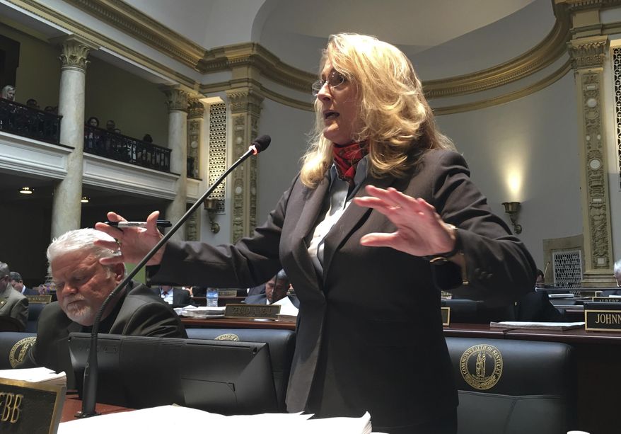 Democratic state Sen. Robin Webb speaks against a Republican tax proposal on Monday, April 2, 2018, in Frankfort, Ky. (AP Photo/Adam Beam)
