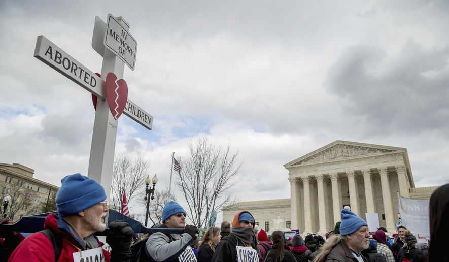 Pro-life activists converge in front of the Supreme Court in Washington, Friday, Jan. 27, 2017, during the annual March for Life. Thousands of anti-abortion demonstrators gathered in Washington for an annual march to protest the Supreme Court&#39;s landmark 1973 decision that declared a constitutional right to abortion. (AP Photo/Andrew Harnik) **FILE**