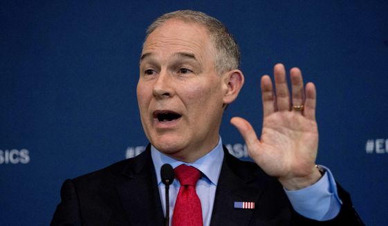 Environmental Protection Agency Administrator Scott Pruitt speaks at a news conference at the Environmental Protection Agency in Washington, Tuesday, April 3, 2018, on his decision to scrap Obama administration fuel standards. (AP Photo/Andrew Harnik)