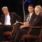 Former U.S. Secretary of State John Kerry, left, and former Senate Majority Leader Harry Reid, right, participate in a lecture series at the University of Nevada, Reno, Tuesday, April 3, 2018, moderated by history professor Hugh Shapiro, center, in Reno, Nev. The two retired Democrats, who served nearly 30 years together in the Senate, say money is the driving force behind rising partisanship and resulting gridlock in Congress. (AP Photo/Scott Sonner)