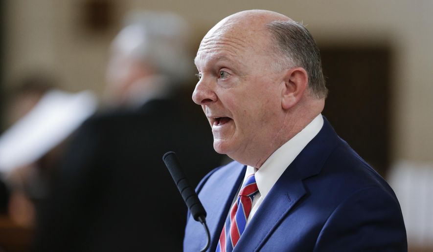 Nebraska state Sen. Jim Smith of Papillion speaks during debate in Lincoln, Neb., Tuesday, April 3, 2018, on a property and income tax package, which is championed by Gov. Pete Ricketts but opposed by some lawmakers who have voiced concerns about its impact on the state budget. (AP Photo/Nati Harnik)