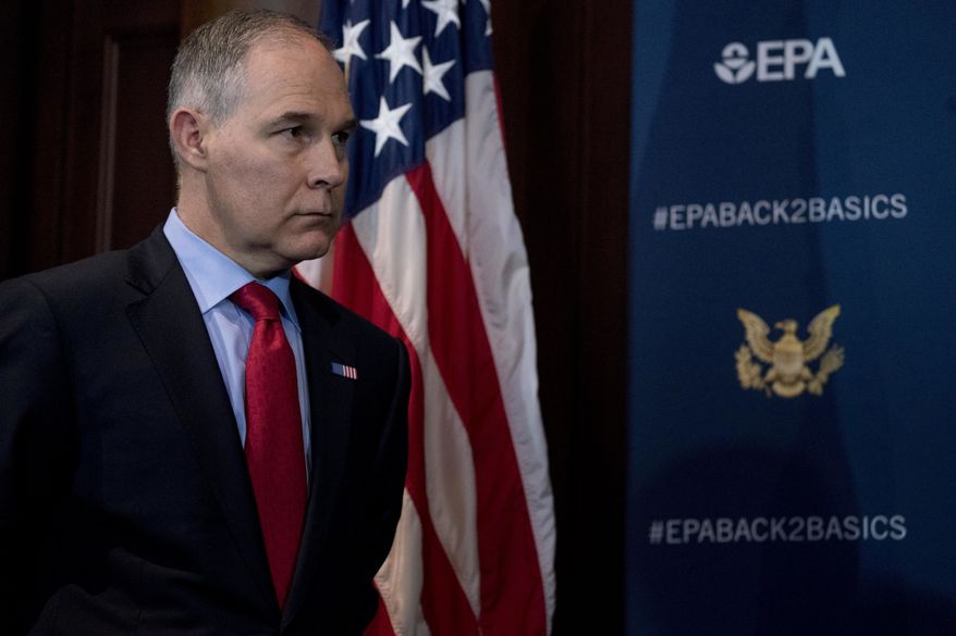 Environmental Protection Agency Administrator Scott Pruitt attends a news conference at the Environmental Protection Agency in Washington, Tuesday, April 3, 2018, on his decision to scrap Obama administration fuel standards. (AP Photo/Andrew Harnik)