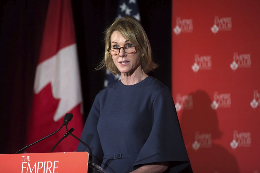 Kelly Craft, U.S. Ambassador to Canada, speaks about NAFTA and Canada-US relations at an Empire Club meeting in Toronto on Wednesday, April 4, 2018. (Chris Donovan/The Canadian Press via AP)
