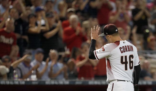 Arizona Diamondbacks starting pitcher Patrick Corbin (46) leaves the baseball game against the Los Angeles Dodgers during the eighth inning Wednesday, April 4, 2018, in Phoenix. The Diamondbacks won 3-0. (AP Photo/Matt York)