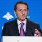 Sergei Naryshkin, head of the Russian Foreign Intelligence Service speaks during the Conference on International Security in Moscow, Russia, Wednesday, April 4, 2018. (AP Photo/Alexander Zemlianichenko)