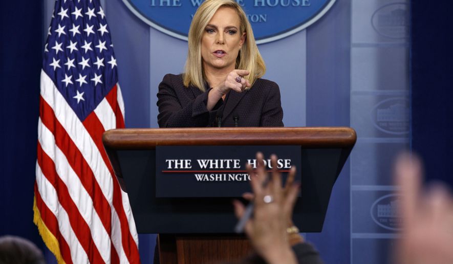 Secretary of Homeland Security Kirstjen Nielsen speaks during the daily press briefing at the White House, Wednesday, April 4, 2018, in Washington. (AP Photo/Evan Vucci)