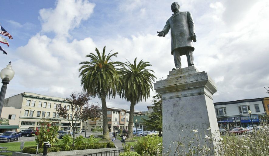 The century old statue of President William McKinley stands in the Arcata Plaza in Arcata, Calif., in this undated photo. The statue has long been a target for pranksters. Vandals have used cheese, condoms and marijuana to abuse the likeness of the 25th president, an Ohio native. Last month, Michael Schleyer an Arcata resident presented city officials with 1,300 signatures on a petition seeking to remove the statue there. Some have suggested sending the statue to the family of the man who commissioned it or to the Wm. McKinley Presidential Library &amp; Museum in Canton, Ohio. (AP Photo/The Times-Standard, Shaun Walker)