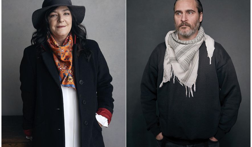 This combination photo shows director Lynne Ramsay, left, and Joaquin Phoenix at the Music Lodge during the Sundance Film Festival in January 2018, in Park City, Utah. The film, which won several awards at last year's Cannes Film Festival, has drawn rave reviews for both Ramsay and Phoenix. (Photo by Taylor Jewell/Invision/AP)