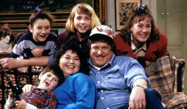 Roseanne (ABC) season 1, Fall 1988; Shown: [top] Sara Gilbert, Alicia Goranson, Laurie Metcalf [on sofa] Michael Fishman, Roseanne, John Goodman