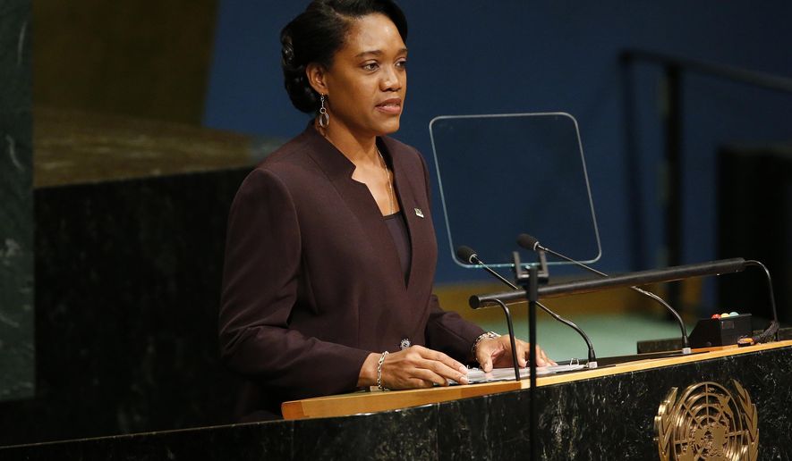 FILE - In this Saturday, Sept. 24, 2016 file photo, Dominica&#39;s Foreign Minister Francine Baron addresses the 71st session of the United Nations General Assembly at U.N. headquarters. Morocco received its latest 2026 World Cup bid endorsement from a government minister from the Caribbean island of Dominica, despite FIFA rules prohibiting political interference in soccer and votes being linked to development projects. According to Morocco’s announcement, Dominica hopes to expand intergovernmental ties with the north African nation, including around agriculture and student scholarships.“On behalf of Dominica, I am pleased to announce the support of my country for Morocco in the organization of the 2026 World Cup,” foreign minister Francine Baron said Thursday, April 5, 2018 after meeting with a diplomat from the north African nation. (AP Photo/Jason DeCrow, file)