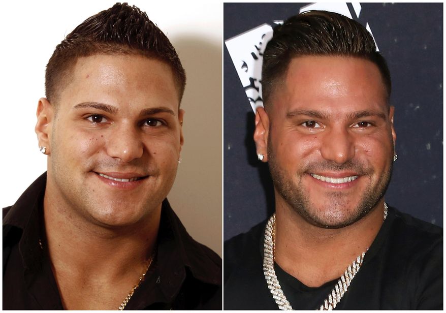This combination photo shows Ronnie Ortiz-Magro from the television show "Jersey Shore", in 2010, left, and in 2018. The cast of the popular MTV series is back in "Jersey Shore: Family Vacation," premiering Thursday, April 5 at 8p.m. on MTV. (AP Photo)