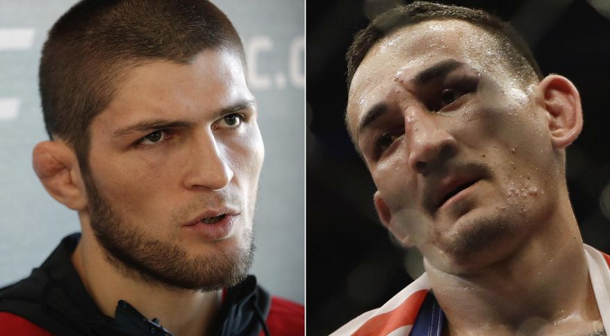 FILE - At left, in a March 2, 2017, file photo, Khabib Nurmagomedov, of Russia, speaks with the media during a news conference for UFC 209 in Las Vegas. At right, in a June 4, 2017, file photo, Max Holloway is shown after defeating Jose Aldo in a UFC featherweight mixed martial arts bout in Rio de Janeiro, Brazil. The UFC 223 main event of Nurmagomedov vs. Holloway will be for the lightweight championship on Saturday, April 7, 2018. Both fighters have plenty to prove in New York. (AP Photo/File)