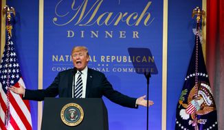 In this March 20, 2018 photo, President Donald Trump speaks to the National Republican Congressional Committee March Dinner at the National Building Museum in Washington. Trump, a constant critic of what he calls “fake news,” will skip the White House Correspondents’ Dinner for a second year in a row.  (AP Photo/Evan Vucci)