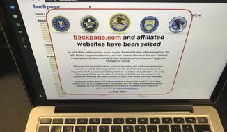 A screen shot of the website Backpage.com is seen Los Angeles Friday, April 6, 2018. Federal law enforcement authorities are in the process of seizing Backpage.com and its affiliated websites. A notice that appeared Friday afternoon at Backpage.com says the websites are being seized as part of an enforcement action by the FBI and other agencies. The notice doesn&#x27;t characterize or provide any details on the nature of the enforcement action. It says more information on the action will be released later Friday. (AP Photo/Damian Dovarganes)