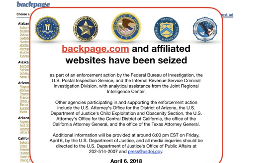Screen capture of backpage.com from the afternoon of Friday, April 6, 2018, showing the classified site as seized by federal authorities. 