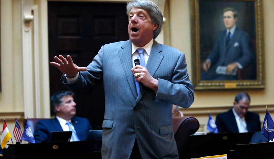This photo taken March 1, 2018, shows Sen. Frank W. Wagner, R-VA Beach, speaking before the Virginia Senate at the State Capitol in Richmond, Va. Virginia Beach Sen. Wagner announced Friday, April 6, 2018, that he favors expanding Medicaid, a move that gives pro-expansion lawmakers a majority in both chambers of the General Assembly. Wagner has previously voted against Medicaid expansion and his new support could end a deadlock over the state budget. (Bob Brown/Richmond Times-Dispatch via AP)