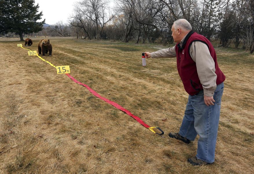 In this March 21, 2018, photo, Be Bear Aware Campaign Director Chuck Bartlebaugh demonstrates how to use bear spray during a training session in Missoula, Mont. Bartlebaugh said if people have time during a grizzly bear attack, they would ideally begin to spray when the bear is still 60 feet away. He suggests aiming slightly downward to create a cloud that meet the bear about 30 feet away. He also recommends using the larger, 7-second can and holding down the trigger until the bear diverts from its charge. (Perry Backus/Ravalli Republic via AP)