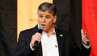 FILE - In this March 18, 2016 file photo, Fox News Channel&#x27;s Sean Hannity speaks during a campaign rally for Republican presidential candidate, Sen. Ted Cruz, R-Texas, in Phoenix.  The Fox News Channel host  is vowing to continue his attacks on ABC late-night comic Jimmy Kimmel until Kimmel apologizes for a segment in which he joked about first lady Melania Trump&#x27;s accent. The dispute between the television personalities is unusually vitriolic, with Hannity calling Kimmel a &amp;quot;sick, twisted, creepy, perverted weirdo&amp;quot; during his Fox show on Friday, April 6, 2018. (AP Photo/Rick Scuteri, File)