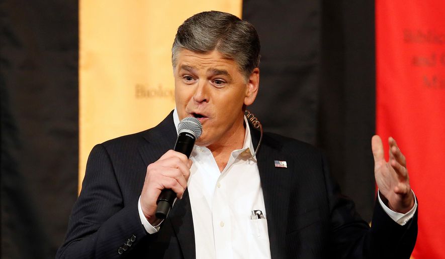 FILE - In this March 18, 2016 file photo, Fox News Channel&#39;s Sean Hannity speaks during a campaign rally for Republican presidential candidate, Sen. Ted Cruz, R-Texas, in Phoenix.  The Fox News Channel host  is vowing to continue his attacks on ABC late-night comic Jimmy Kimmel until Kimmel apologizes for a segment in which he joked about first lady Melania Trump&#39;s accent. The dispute between the television personalities is unusually vitriolic, with Hannity calling Kimmel a &amp;quot;sick, twisted, creepy, perverted weirdo&amp;quot; during his Fox show on Friday, April 6, 2018. (AP Photo/Rick Scuteri, File)