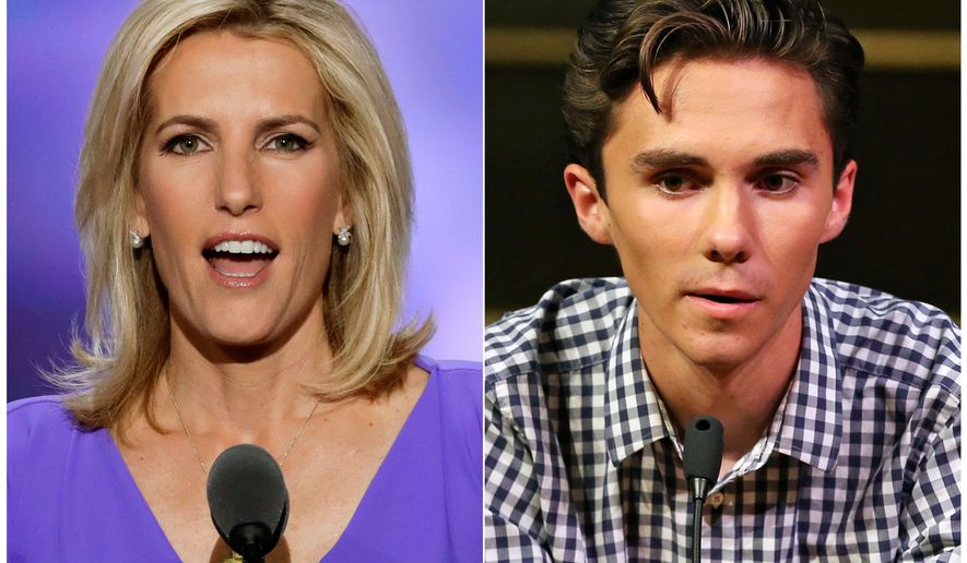In this combination photo, Fox News personality Laura Ingraham speaks at the Republican National Convention in Cleveland on July 20, 2016, left, and David Hogg, a student survivor from Marjory Stoneman Douglas High School in Parkland, Fla., speaks at a rally for common sense gun legislation in Livingston, N.J. on Feb. 25, 2018.  Ingraham is expected back at work on Monday, April 9, 2018 following a backlash by advertisers upset over her tweet mocking a the Parkland, Florida, school shooting survivor. (AP Photo/J. Scott Applewhite, left, and Rich Schultz)
