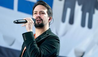 FILE - In this file photo dated Saturday, March 24, 2018, Lin-Manuel Miranda performs in support of gun control in Washington, USA.  Lin-Manuel Miranda&#39;s musical about U.S. founding father Alexander Hamilton is nominated in 13 categories, including best new musical, for the UK Olivier Awards to be announced later Sunday April 8, 2018, at London&#39;s Royal Albert Hall in London. (AP Photo/Andrew Harnik, FILE)