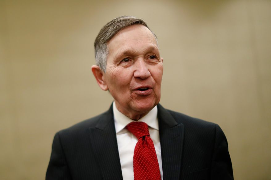 FILE - In this Jan. 18, 2018 file photo, former U.S. Rep. Dennis Kucinich speaks at a news conference after announcing his run for Ohio governor the previous day, in Cincinnati. Ohio’s governor races have been heating up as early voting begins and the candidates begin the stretch drive to the May 8 primary. (AP Photo/John Minchillo, File)