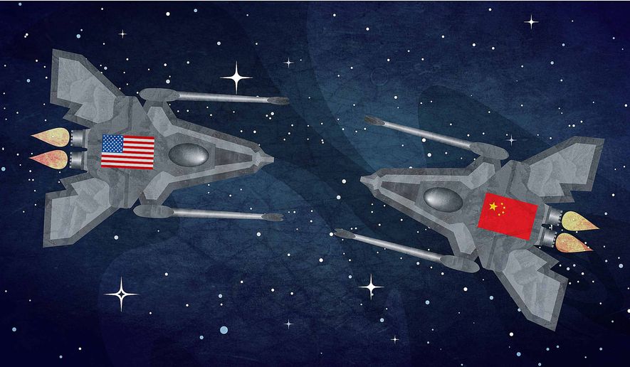 Illustration on weaponizing space by Greg Groesch/The Washington Times