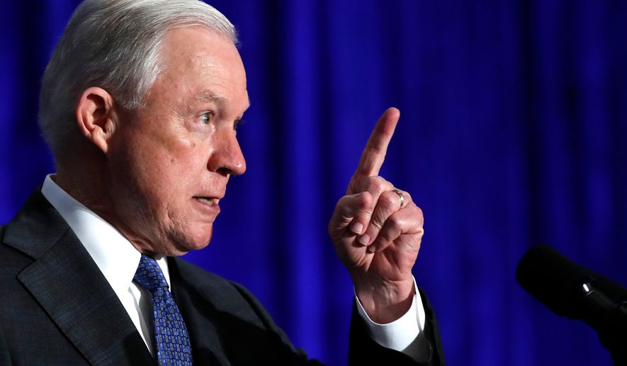 FILE - In this June 21, 2017, file photo, Attorney General Jeff Sessions introduces Vice President Mike Pence at the Justice Department's National Summit on Crime Reduction and Public Safety, in Bethesda, Md. Attorney General Sessions has ordered a "zero tolerance" policy aimed at people entering the United States illegally for the first time on the Mexican border. His directive Friday, April 6, 2018, tells federal prosecutors in border states to put more emphasis on charging people with illegal entry, which has historically been treated as a misdemeanor offense for those with few or no previous encounters with border authorities. (AP Photo/Jacquelyn Martin, File)